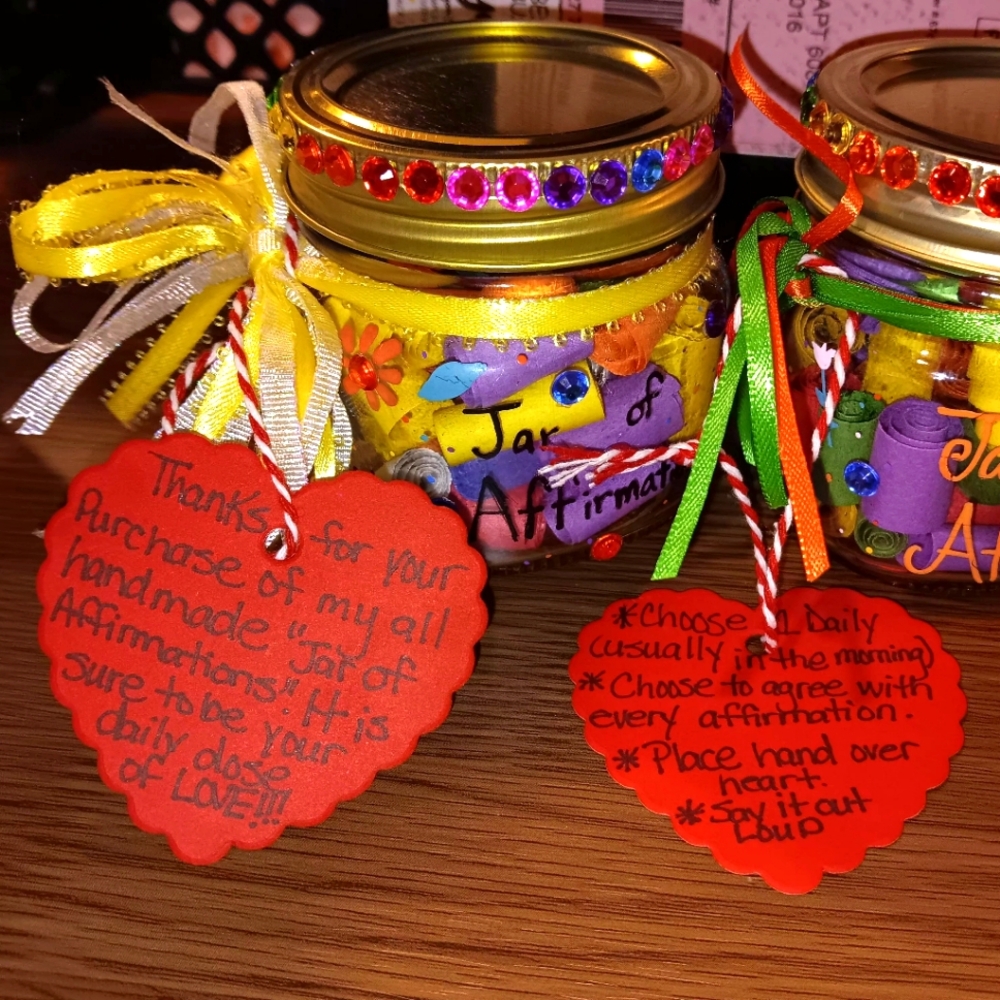 Handmade Yellow Jar of Affirmations with Decorative Ribbon